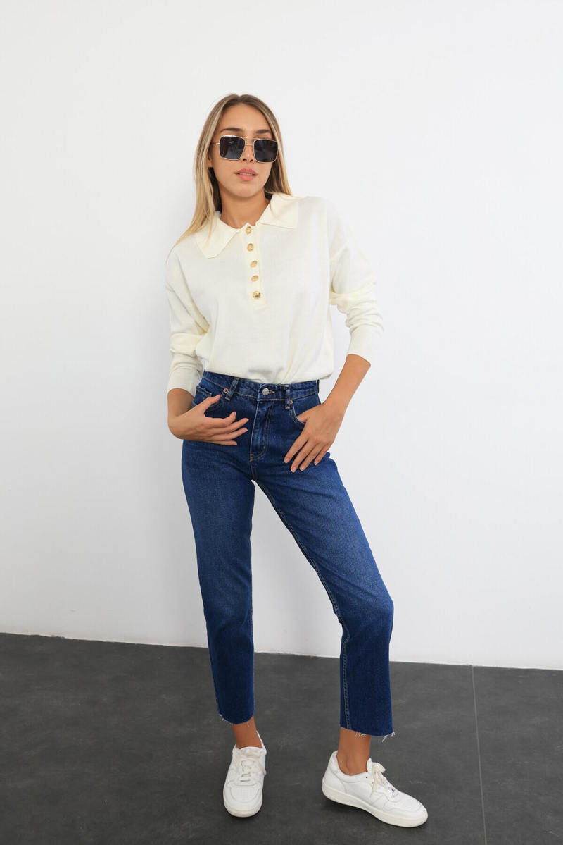 Lacivert Yüksek Bel Cropped Jean 487