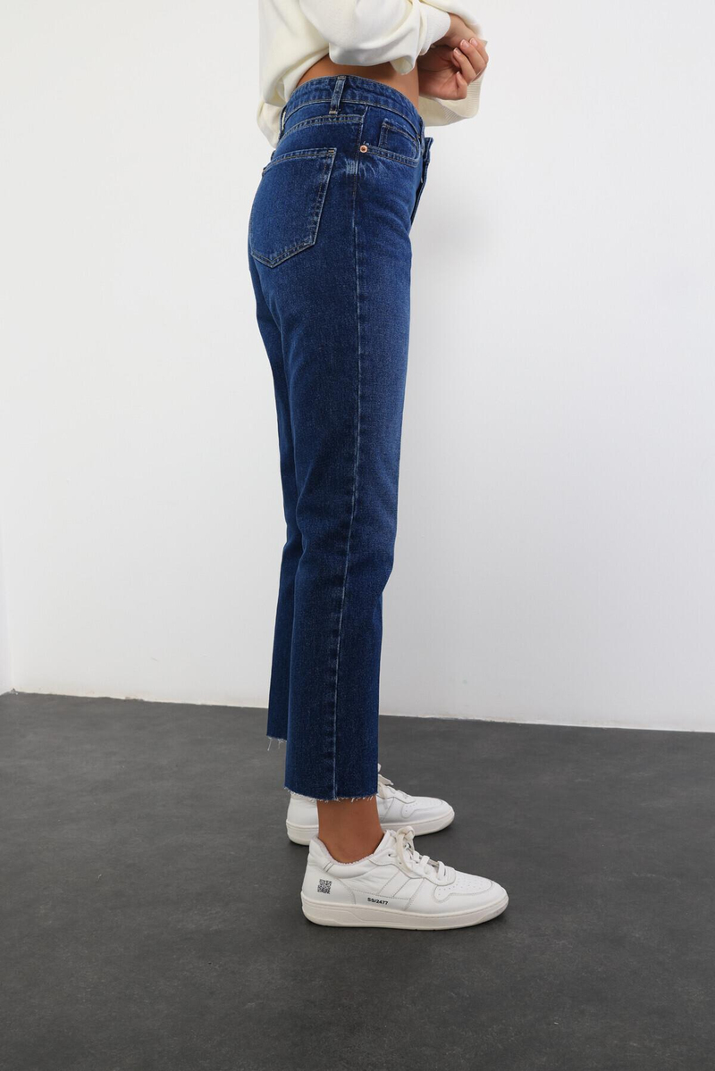 Lacivert Yüksek Bel Cropped Jean 487