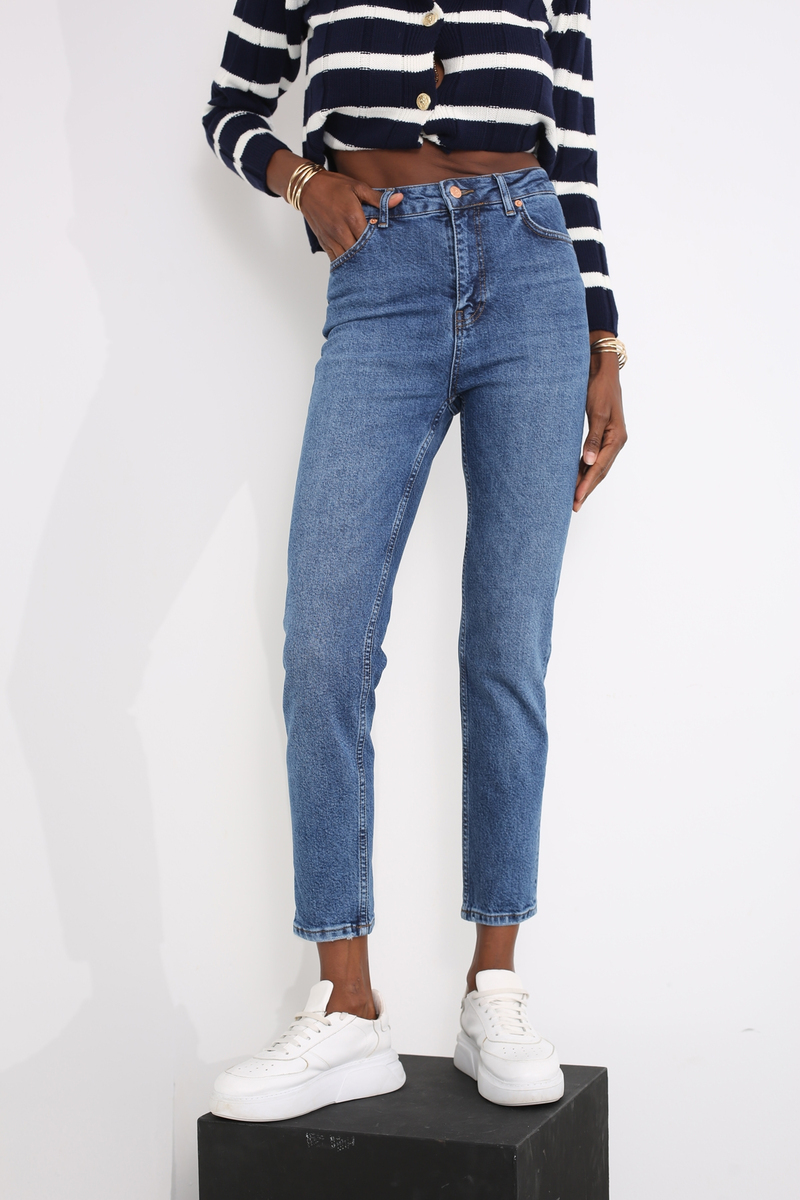 Lacivert Yüksek Bel Mom Fit Jean 2701
