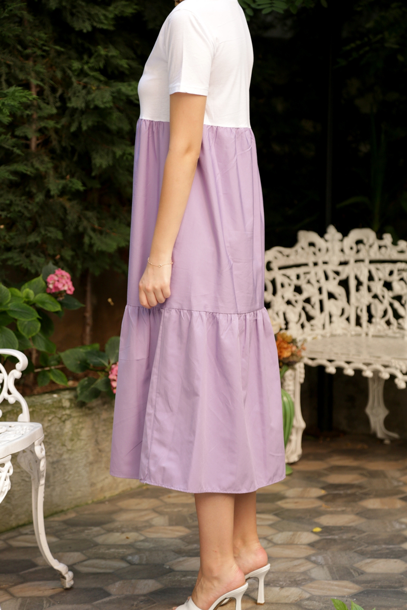 Lila Geniş Yaka Penye Poplin Elbise 3177
