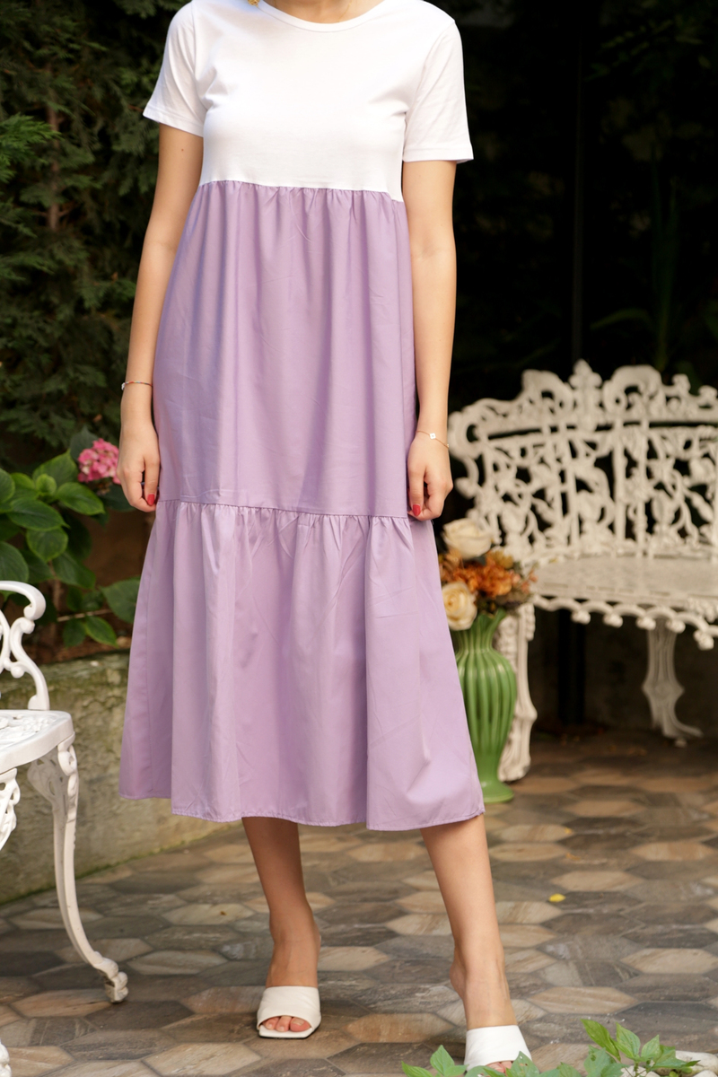 Lila Geniş Yaka Penye Poplin Elbise 3177