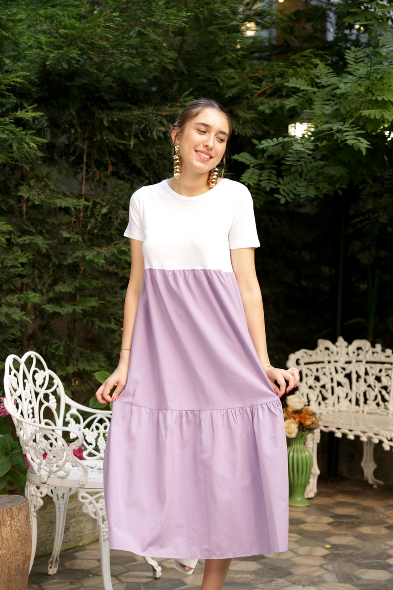 Lila Geniş Yaka Penye Poplin Elbise 3177