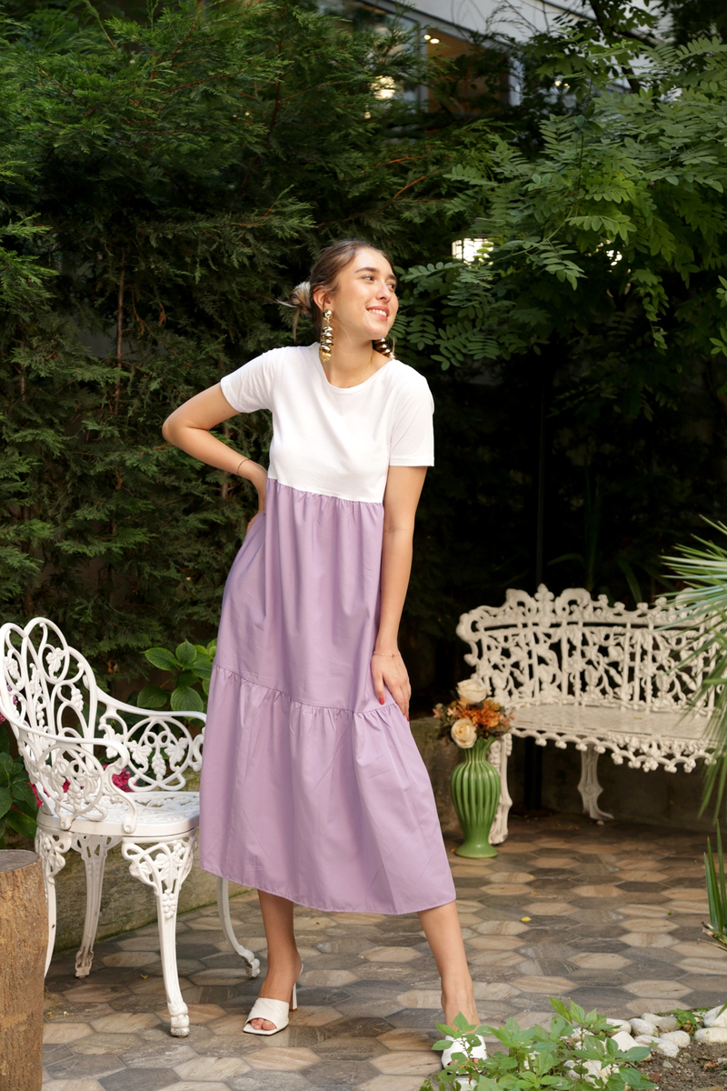 Lila Geniş Yaka Penye Poplin Elbise 3177