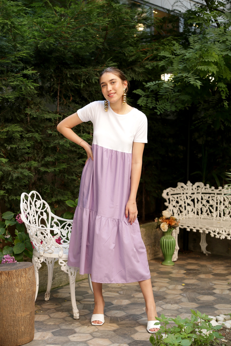 Lila Geniş Yaka Penye Poplin Elbise 3177
