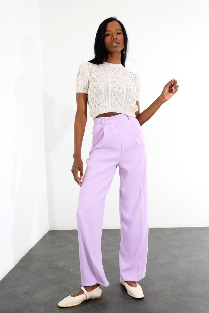 Lila Pile Detaylı Palazzo Pantolon 1506
