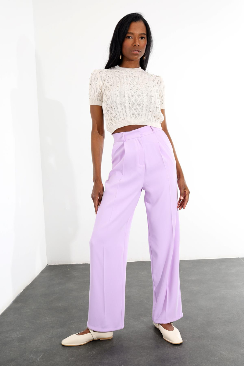 Lila Pile Detaylı Palazzo Pantolon 1506