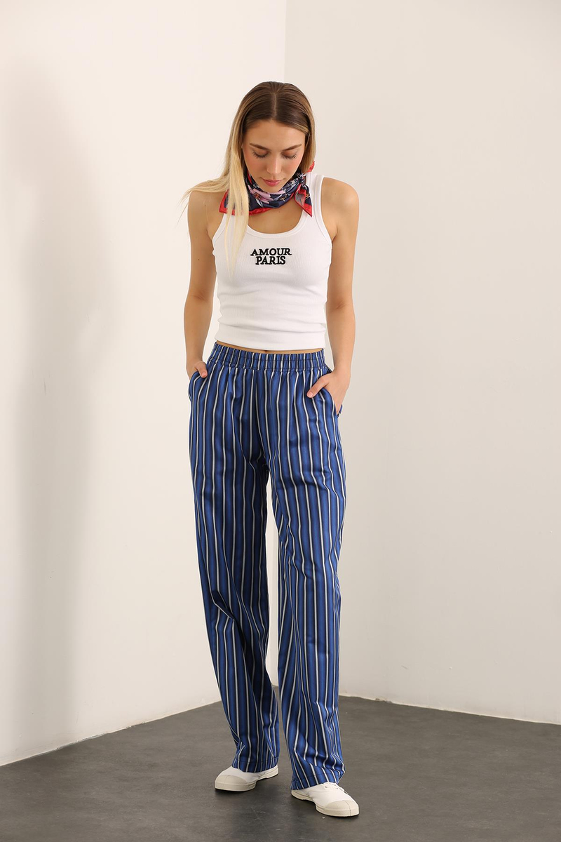 Mavi Beli Lastikli Çizgili Pantolon 231008