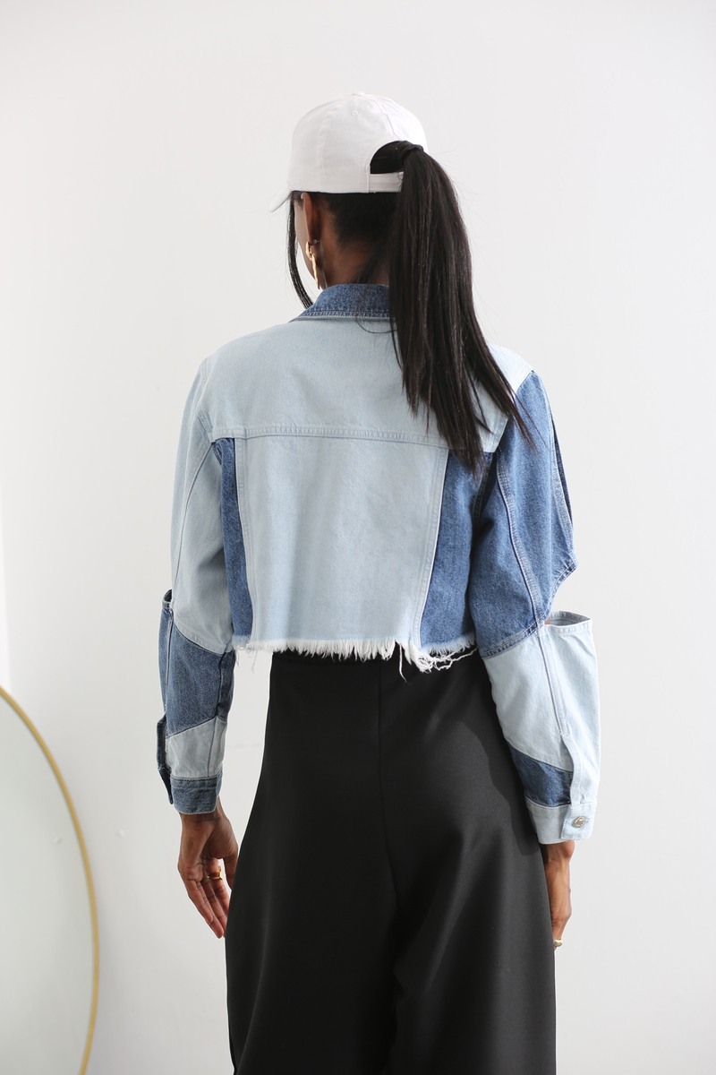 Mavi Bloklu Mini Jean Ceket 