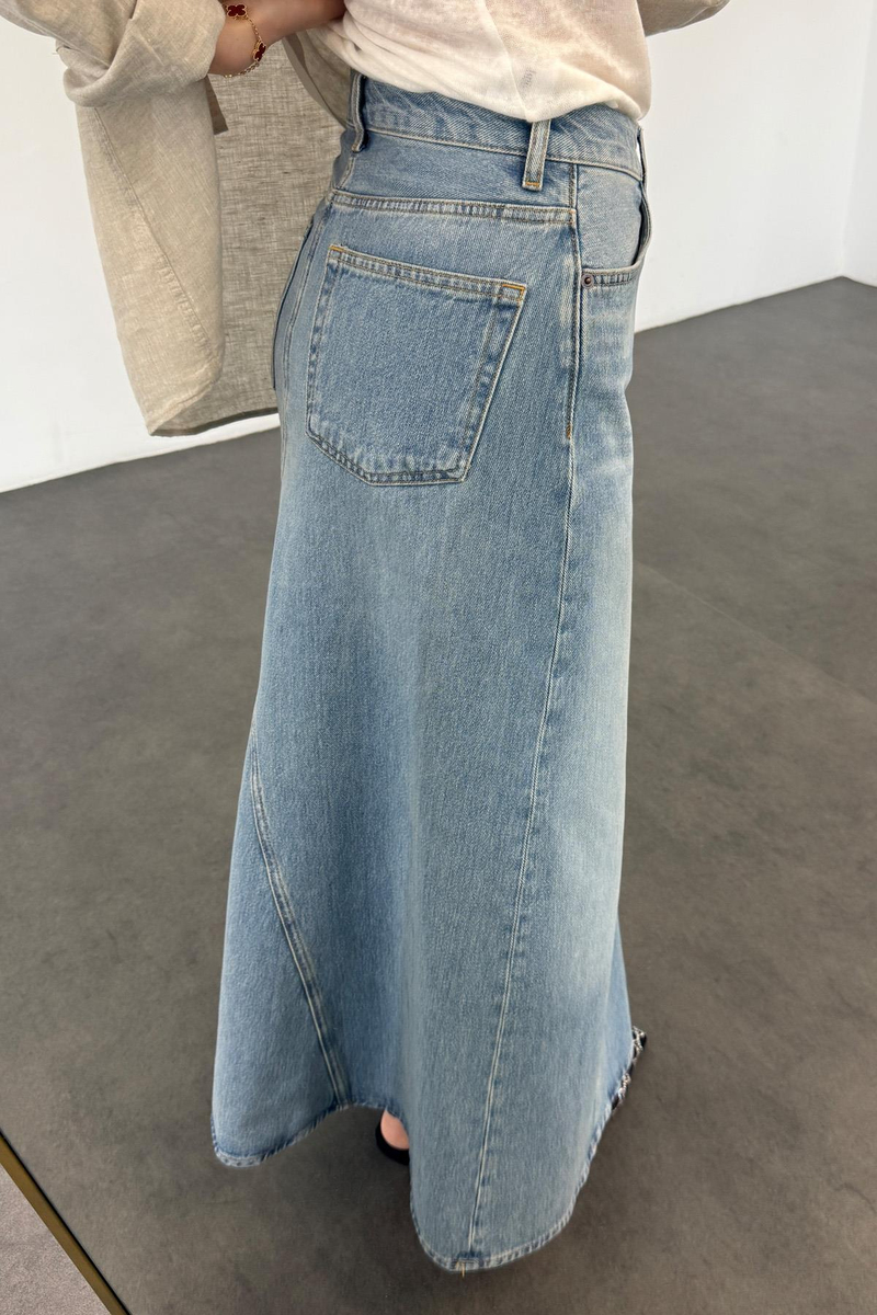 Mavi Çan Kesim Denim Etek 