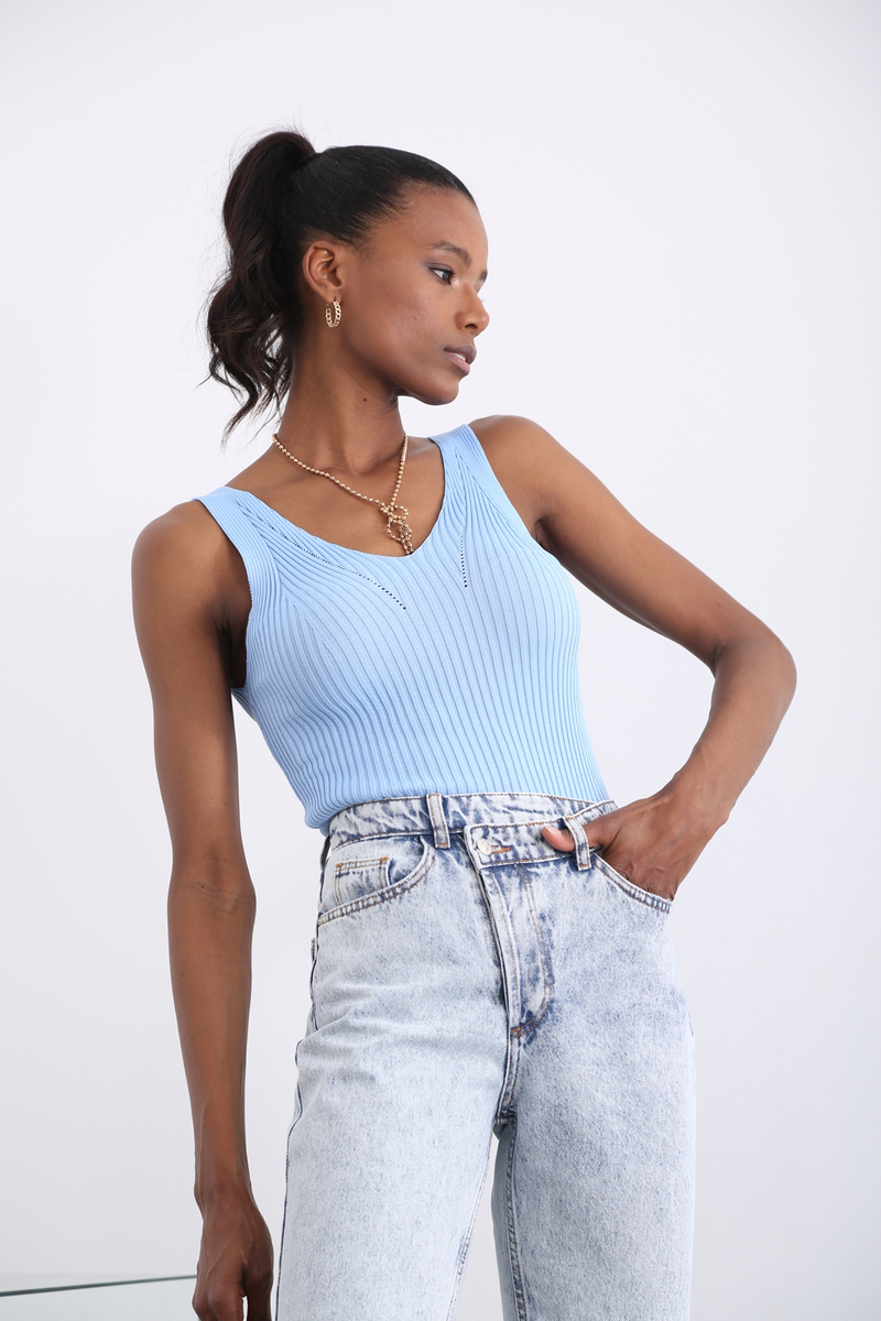 Mavi Çift V Yaka Fitilli Atlet 2202