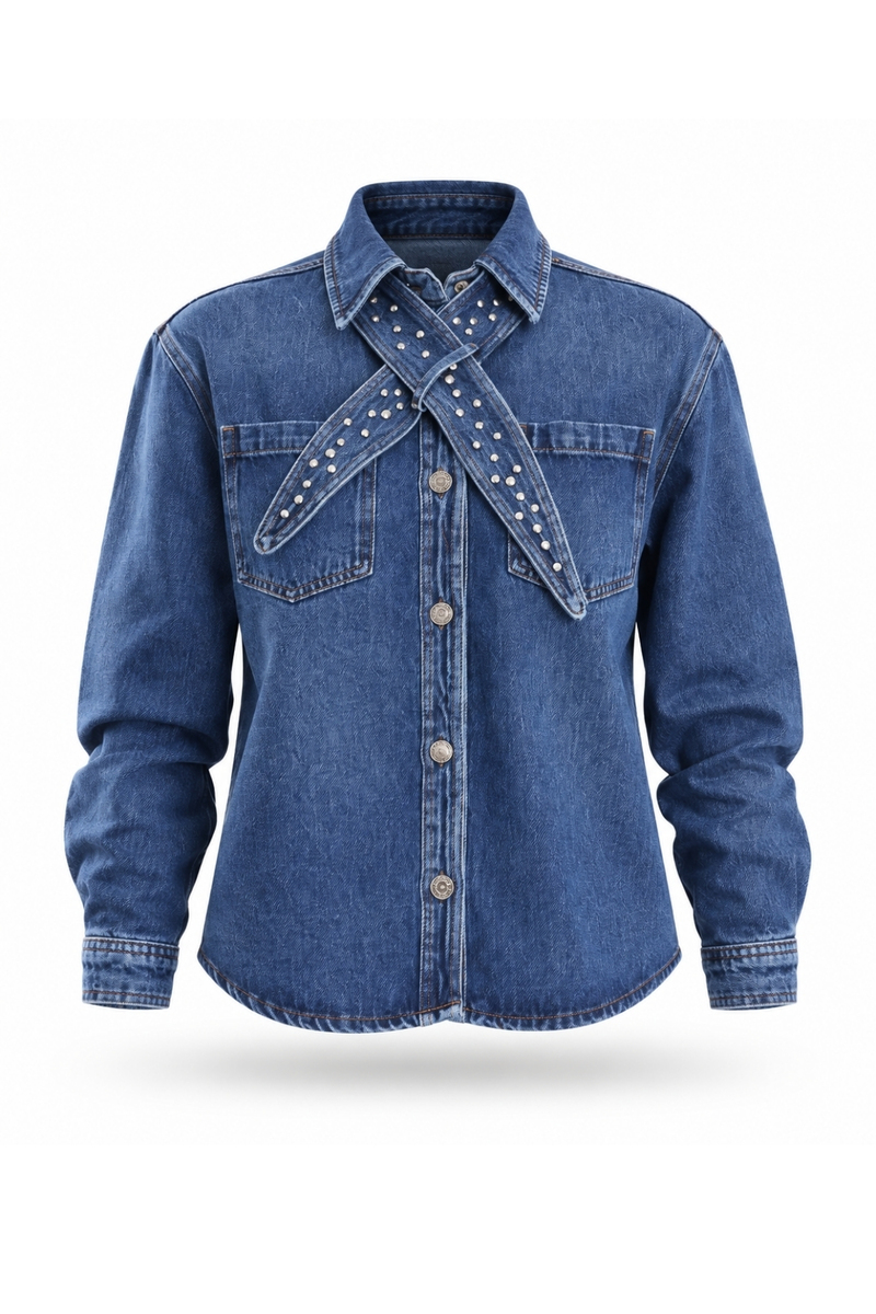 Mavi Çıkarılabilir Fularlı Denim Gömlek 8430