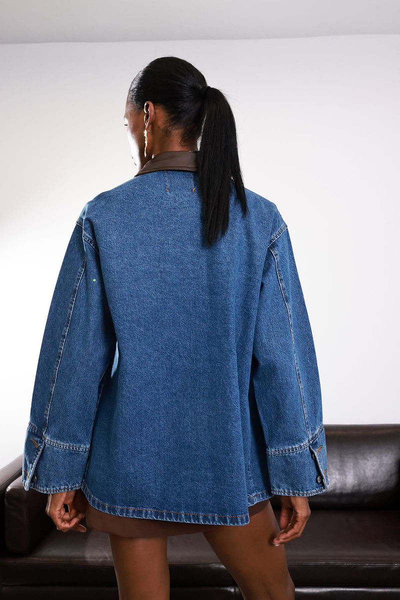 Mavi Deri Yakalı Denim Ceket 0570