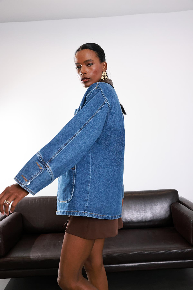 Mavi Deri Yakalı Denim Ceket 0570