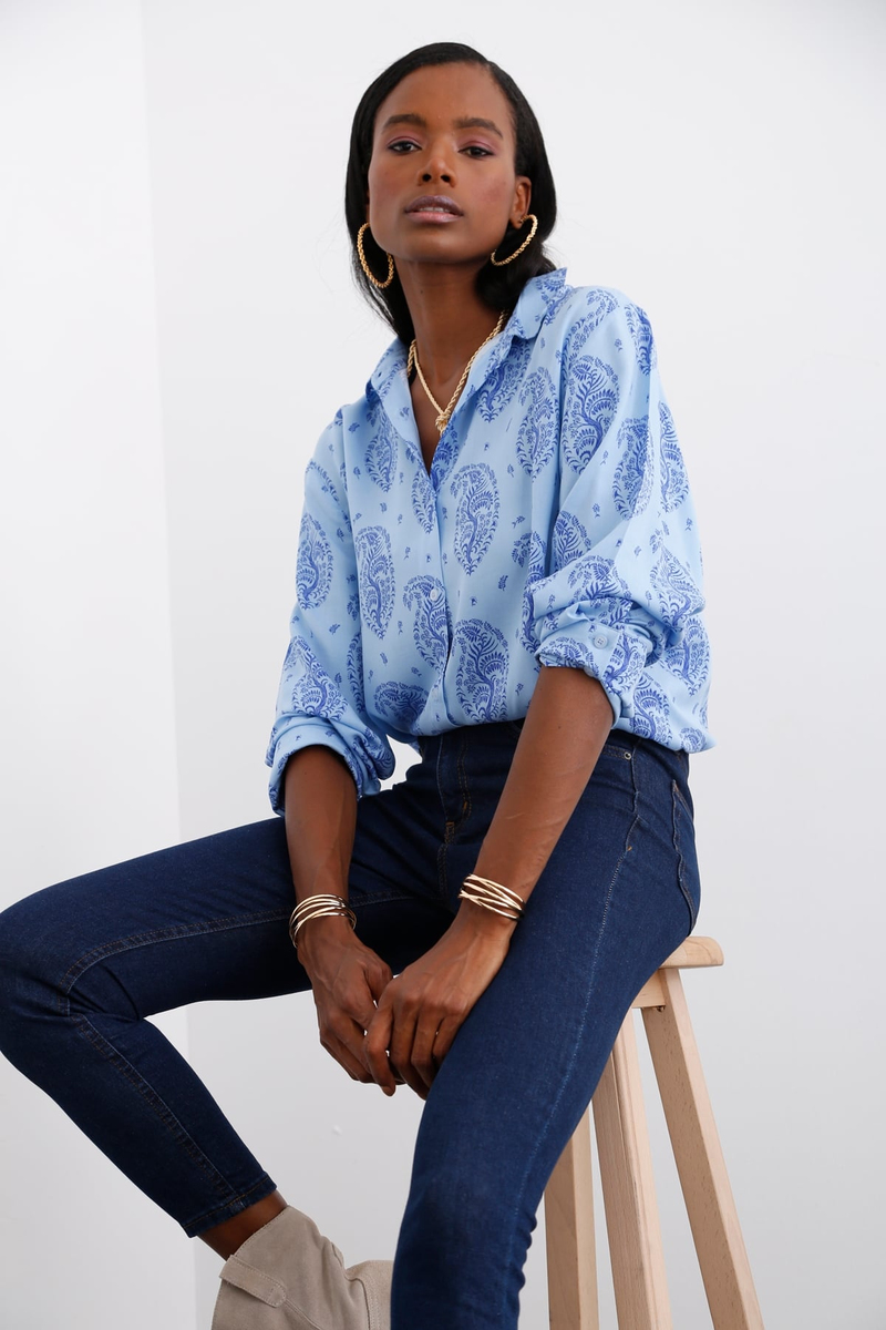 Mavi Desenli Oversize Gömlek 0977