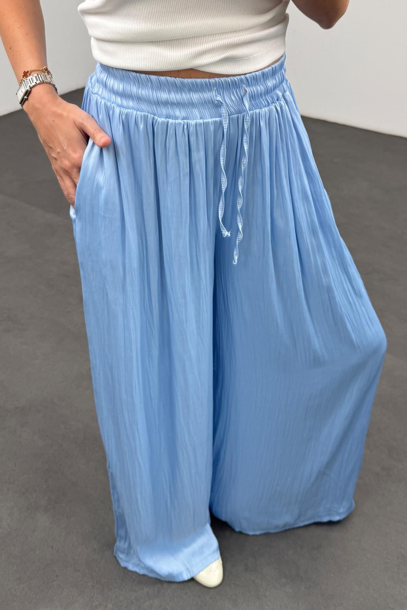 Mavi Dökümlü Saten Pantolon 16632