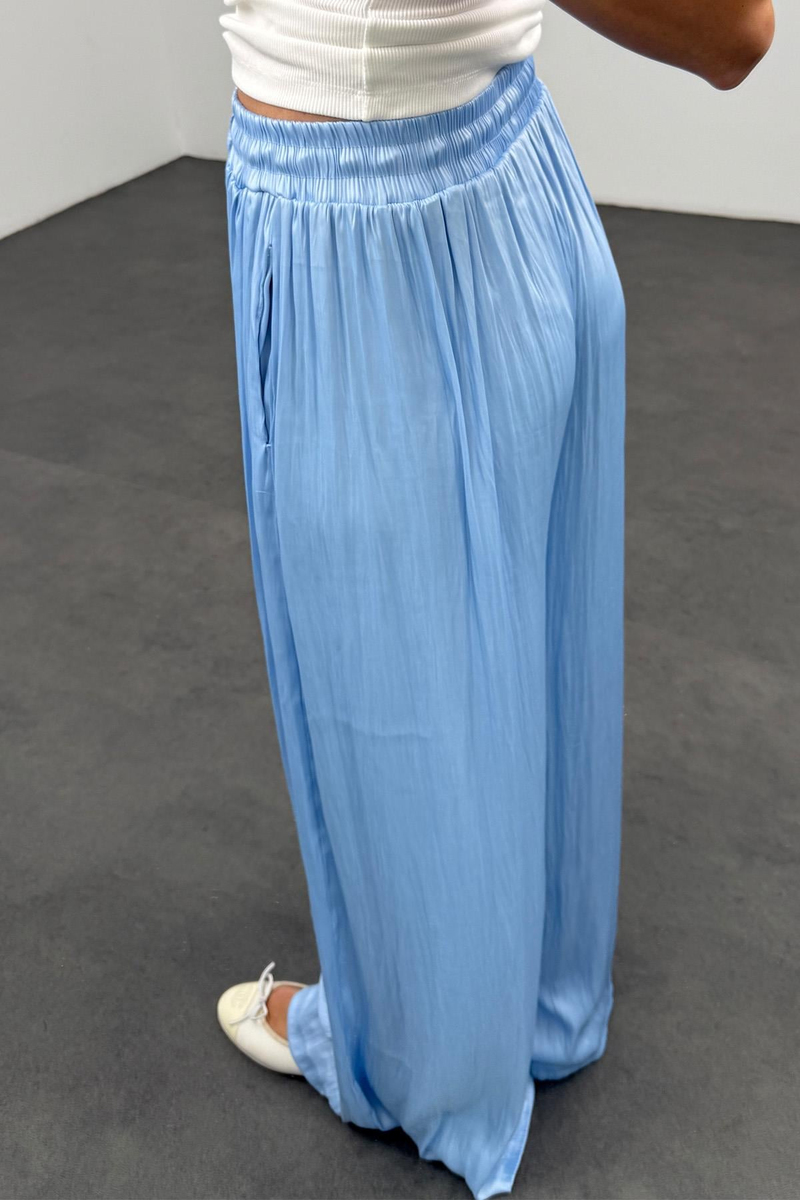 Mavi Dökümlü Saten Pantolon 16632