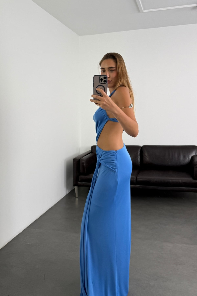 Mavi Drape Detaylı Maxi Elbise 12393
