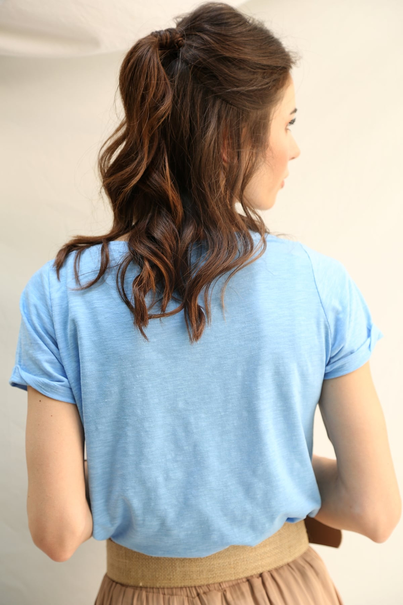 Mavi Flamlı Basic Tshirt