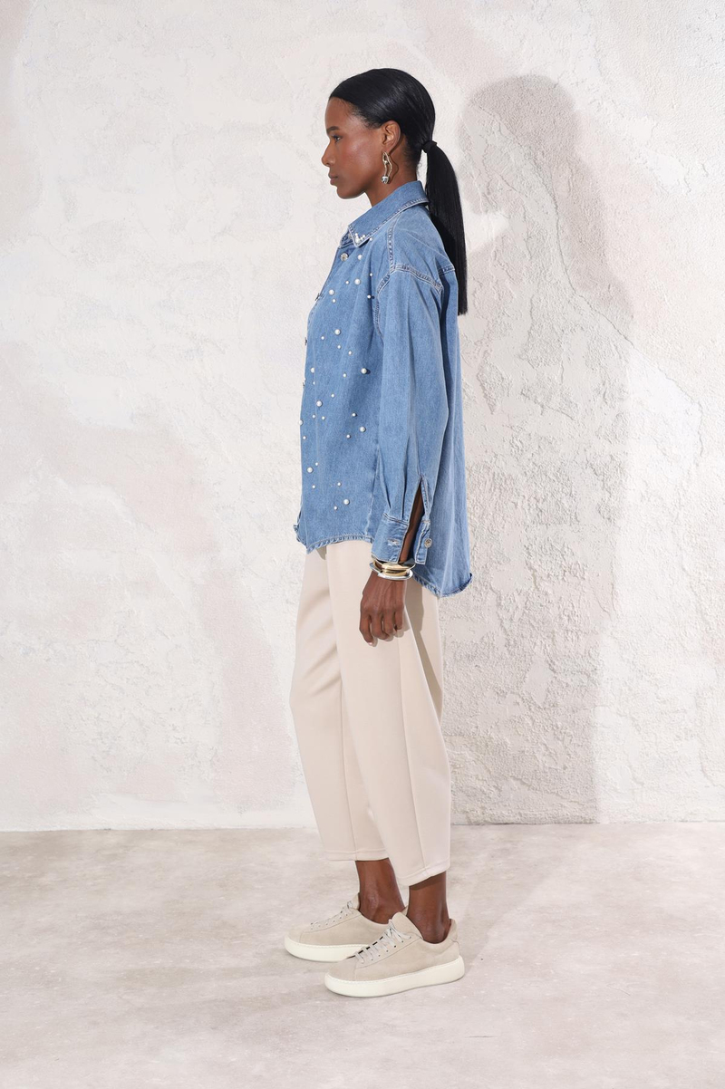 Mavi İncili Denim Gömlek 