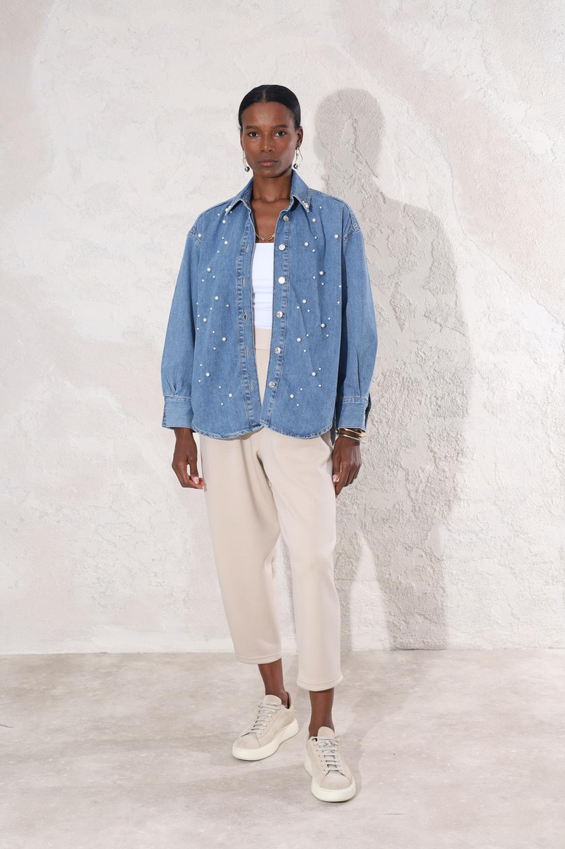 Mavi İncili Denim Gömlek 