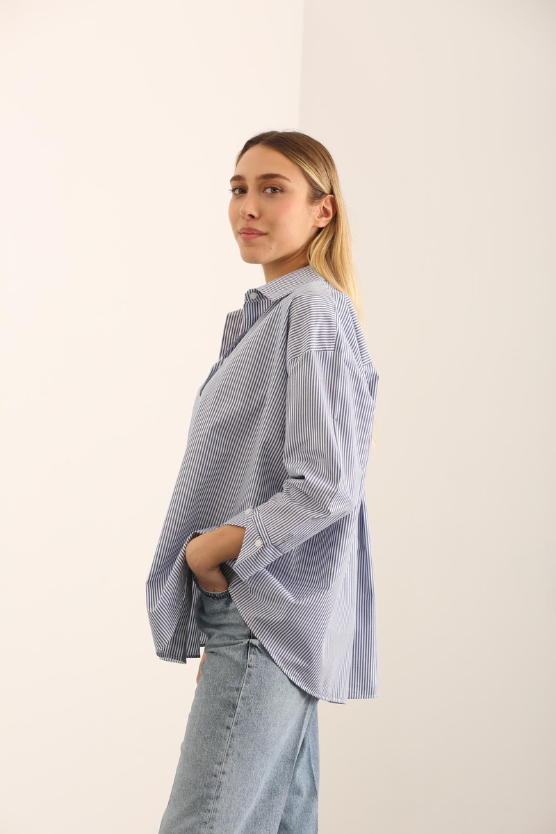 Mavi Kalın Çizgili Oversize Gömlek 2297