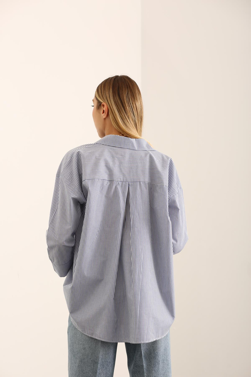 Mavi Kalın Çizgili Oversize Gömlek 2297