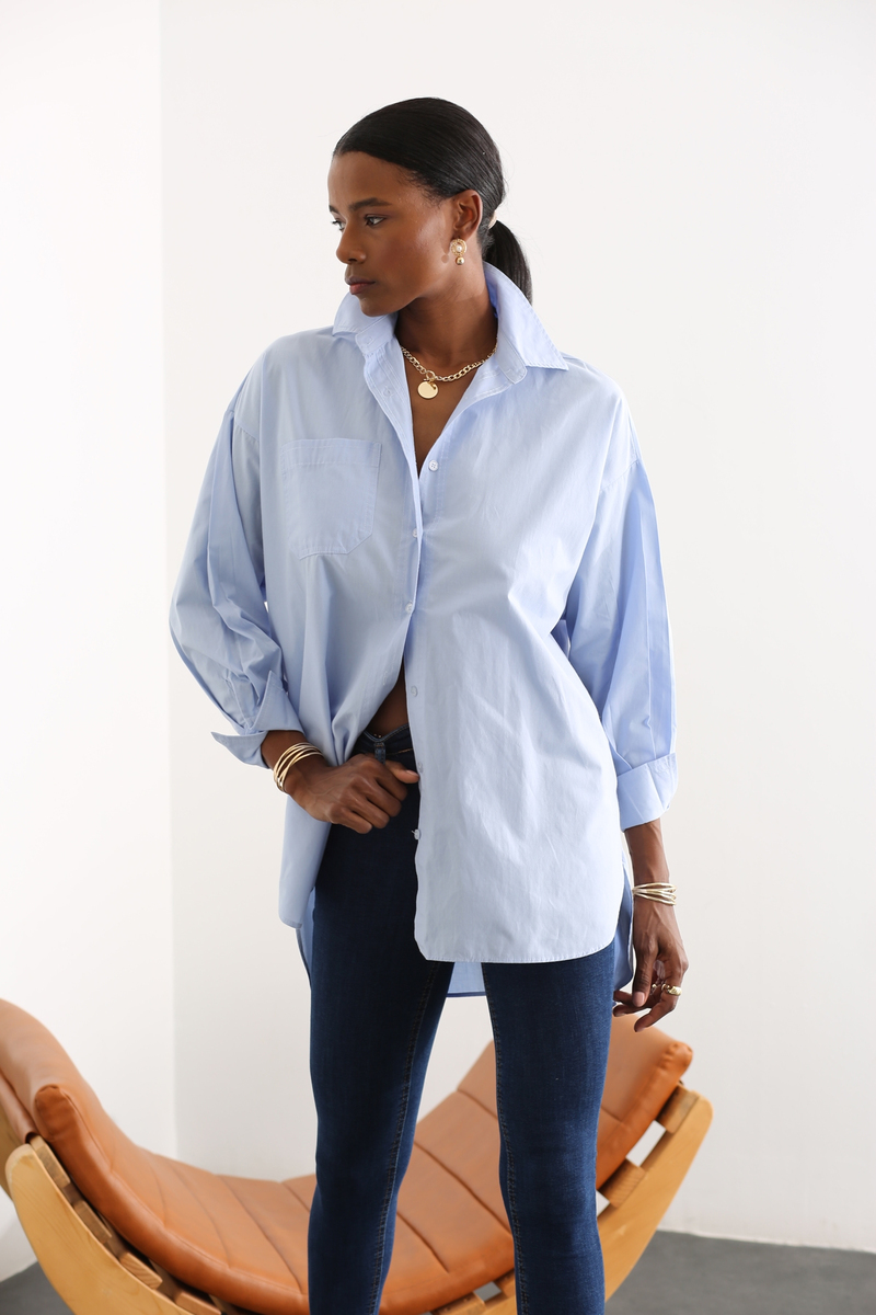 Mavi Kontrast Dikişli Oversize Gömlek 8005