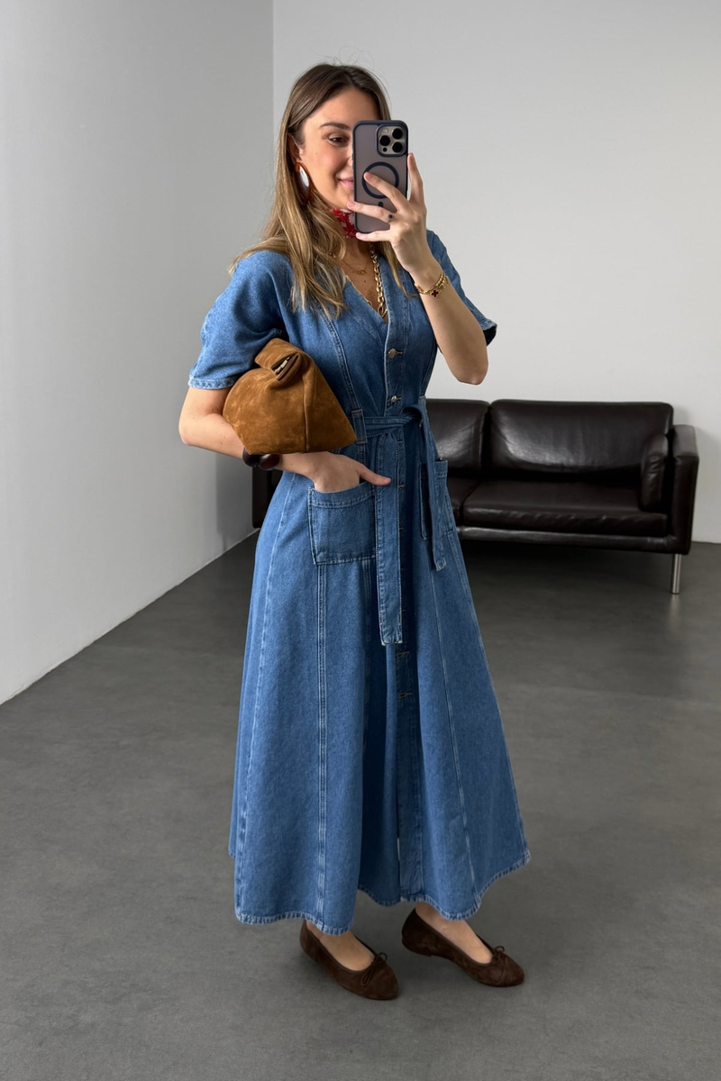 Mavi Kuşaklı V Yaka Denim Western Elbise 