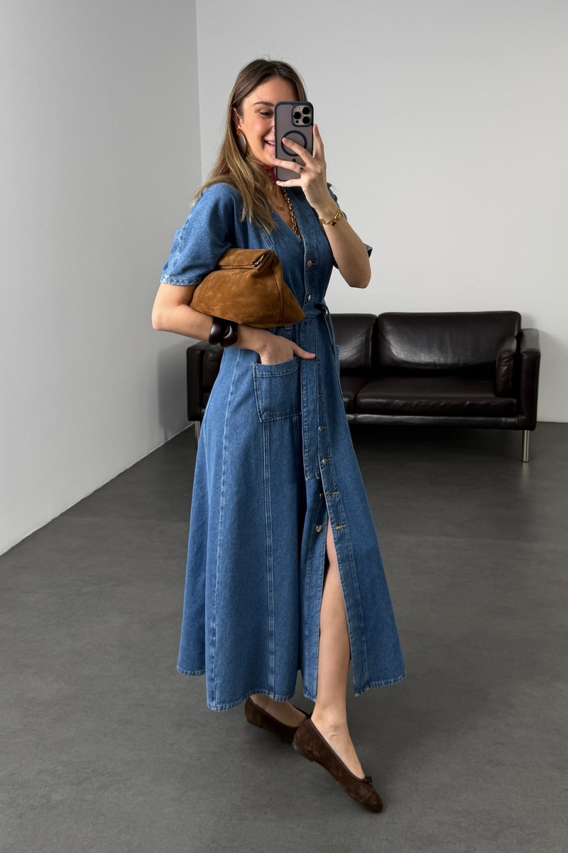 Mavi Kuşaklı V Yaka Denim Western Elbise 