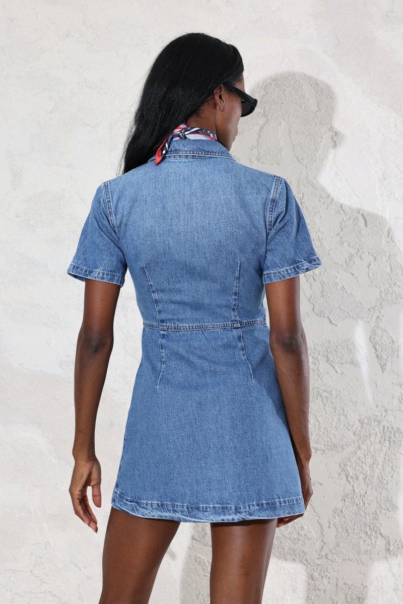 Mavi Metal Düğmeli Denim Elbise 