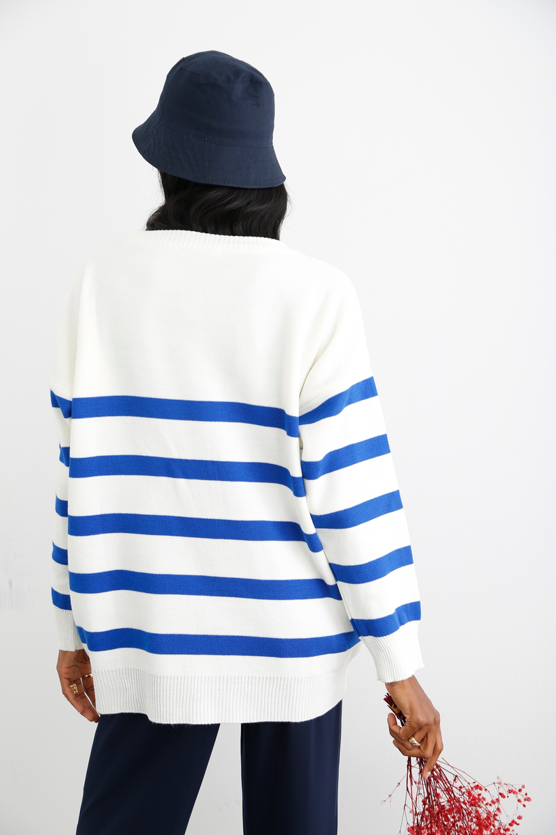 Mavi Oversize Çizgili Triko 4054