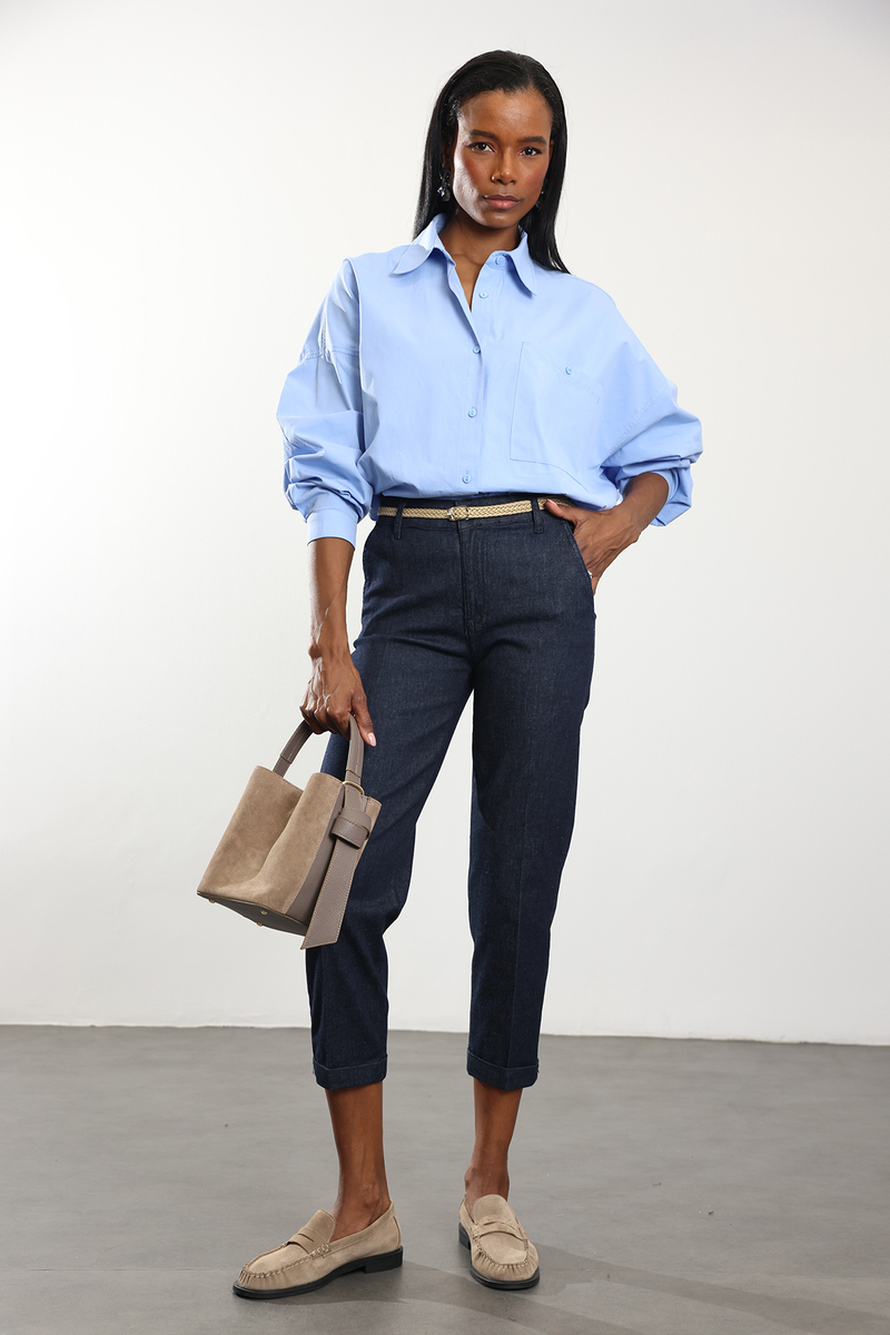 Mavi Oversize Poplin Gömlek 4008