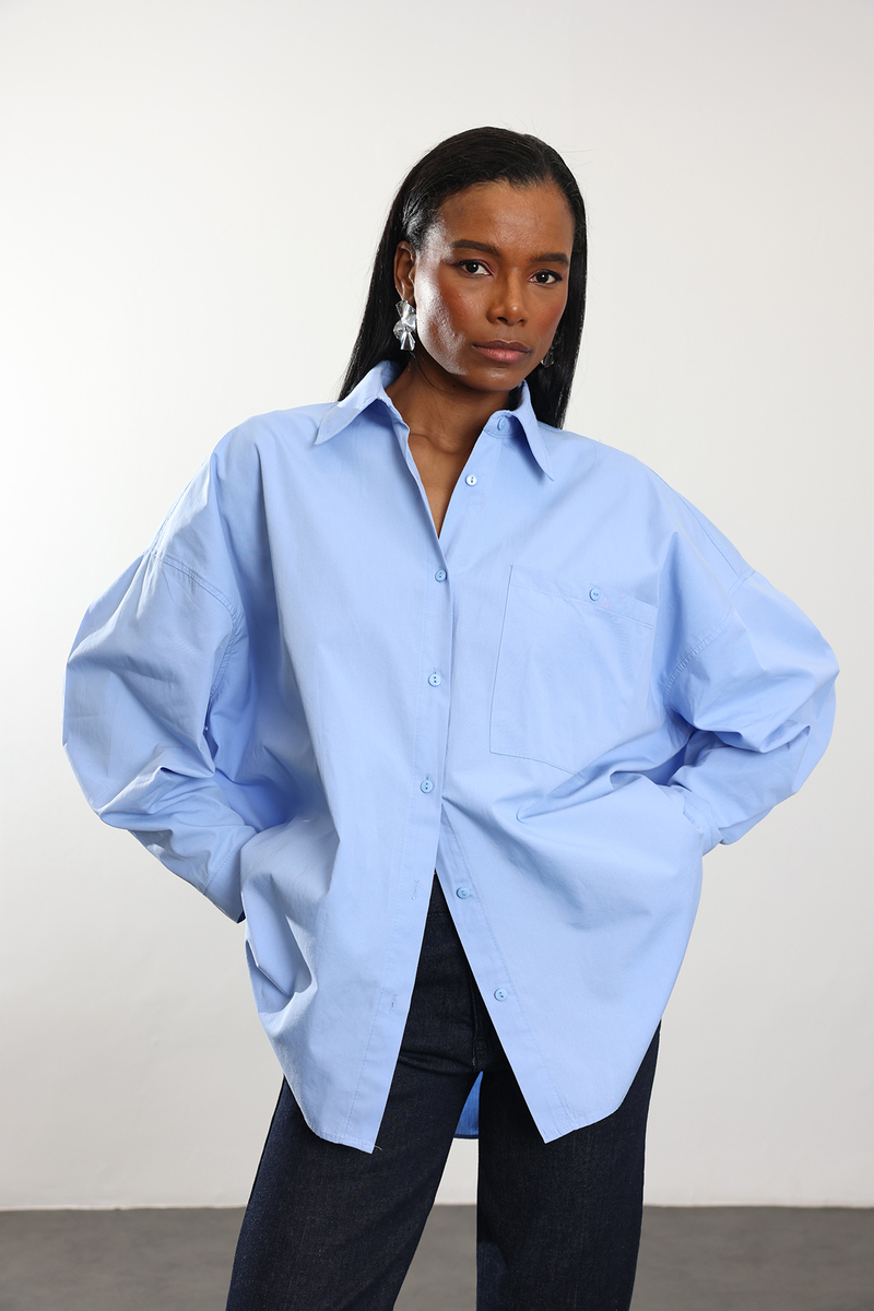 Mavi Oversize Poplin Gömlek 4008