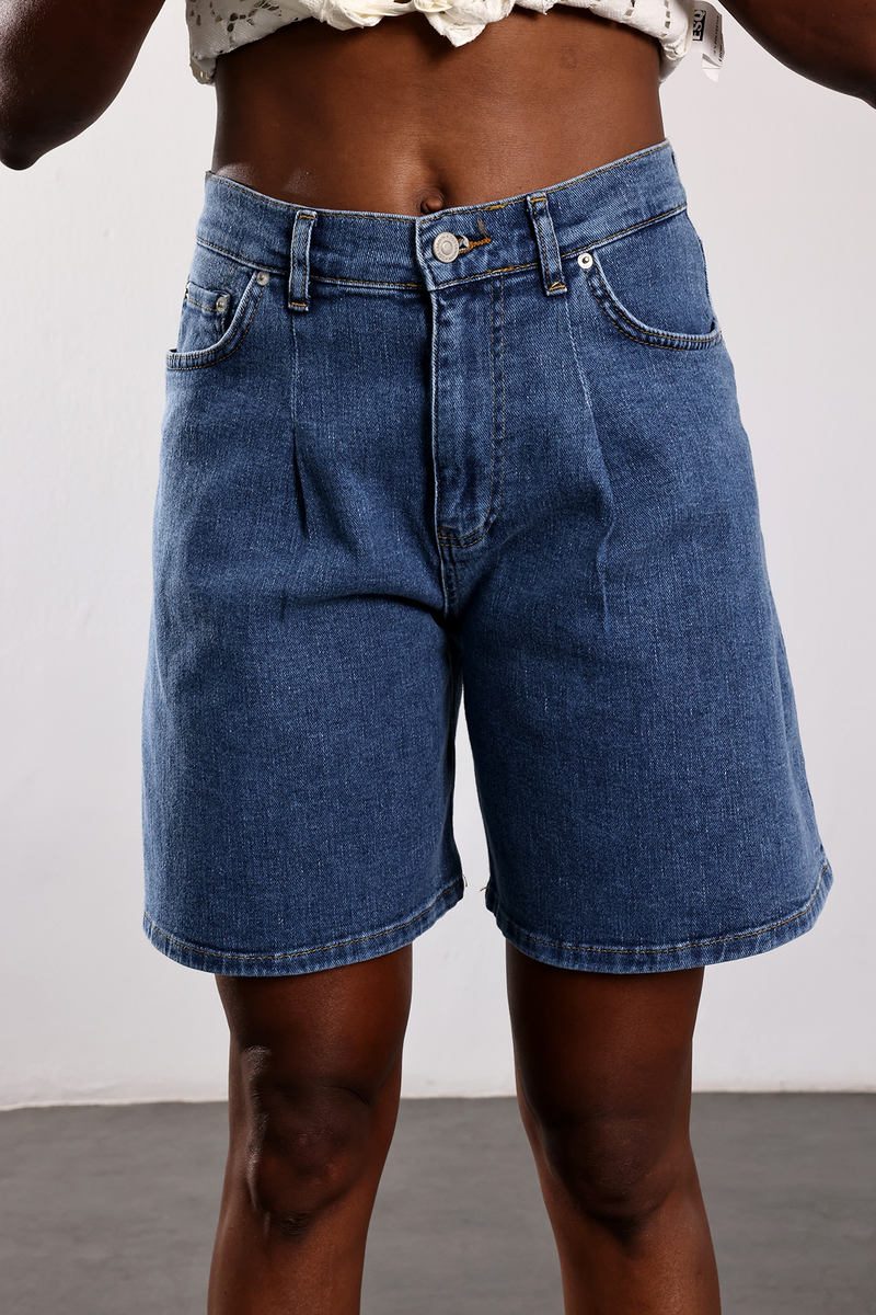 Mavi Pileli Denim Şort 