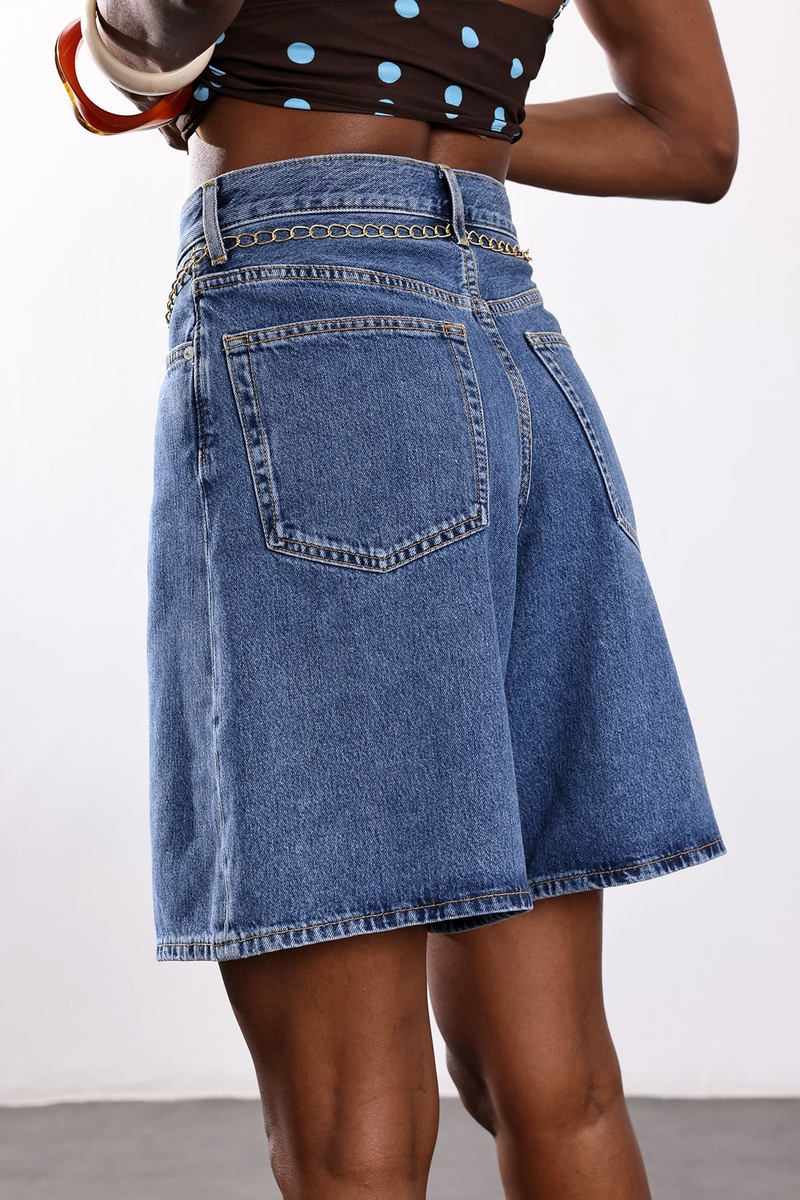 Mavi Pileli Denim Şort 
