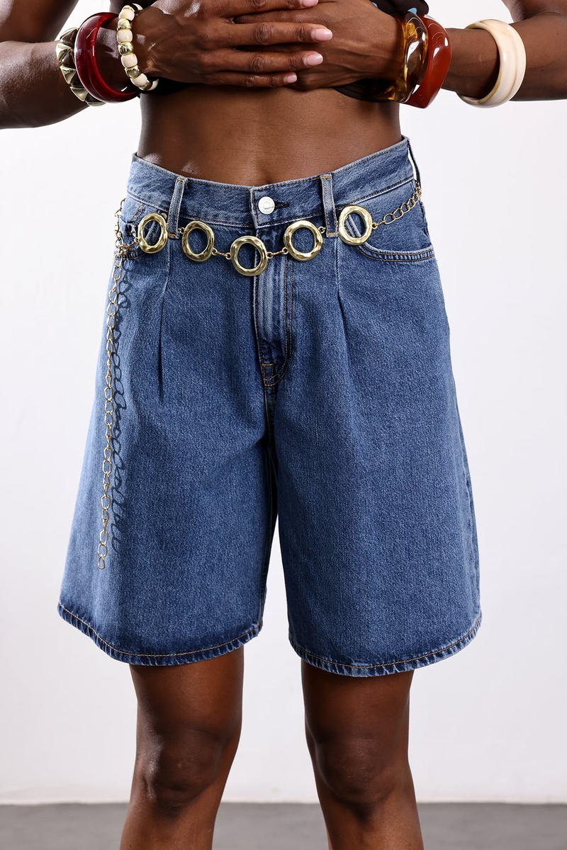 Mavi Pileli Denim Şort 