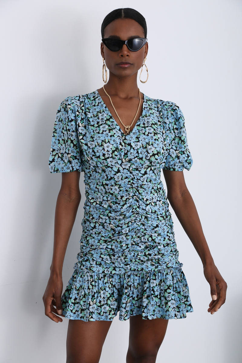 Mavi V Yaka Drapeli Elbise 3395