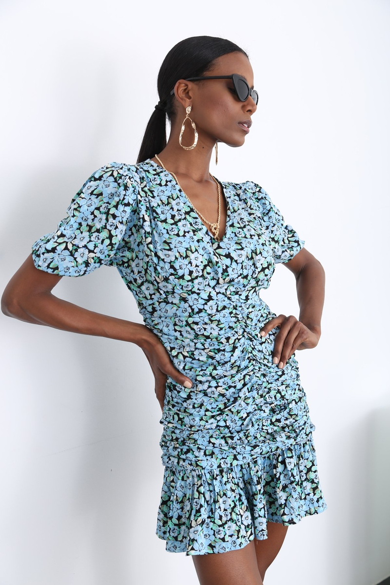 Mavi V Yaka Drapeli Elbise 3395