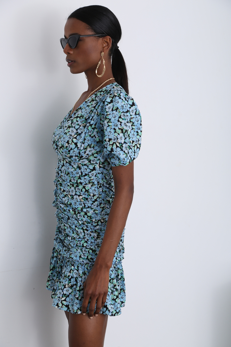 Mavi V Yaka Drapeli Elbise 3395