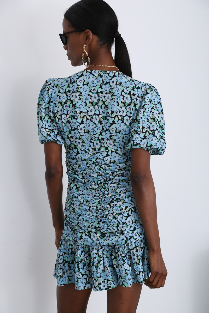 Mavi V Yaka Drapeli Elbise 3395