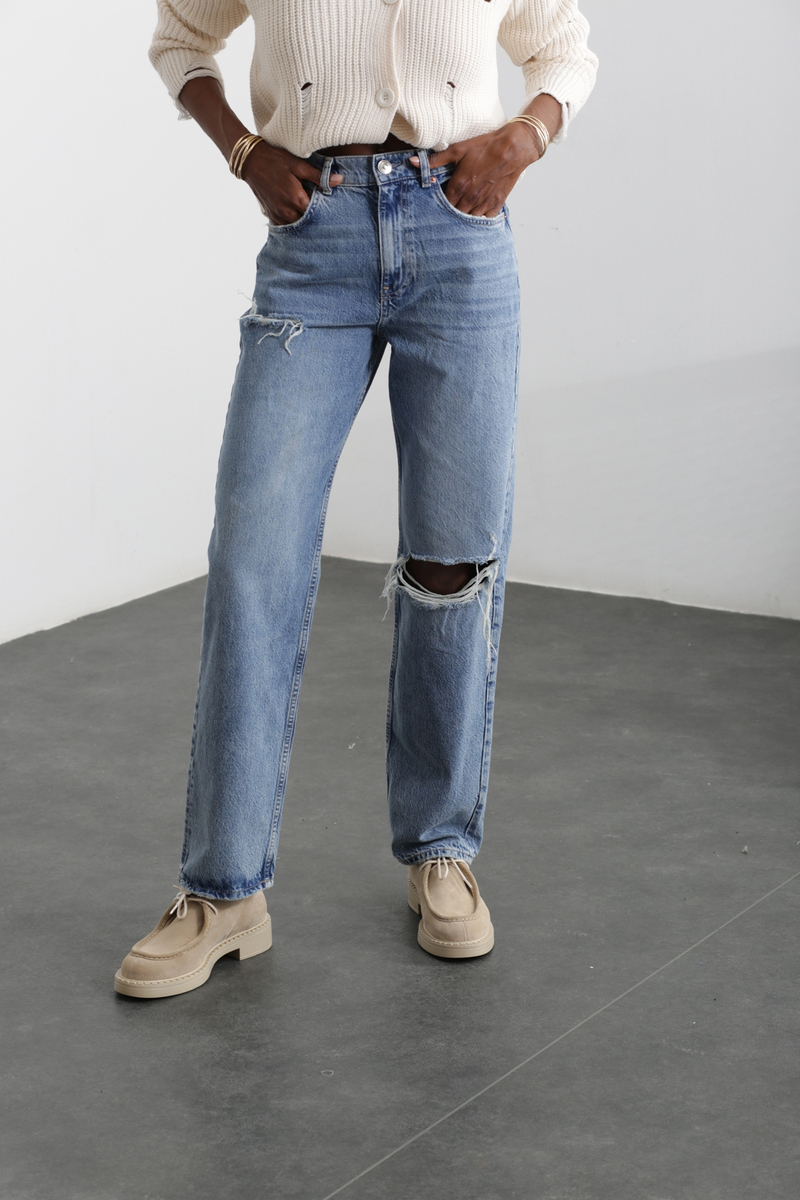 Mavi Yırtık Detay Wide Leg Jean 40