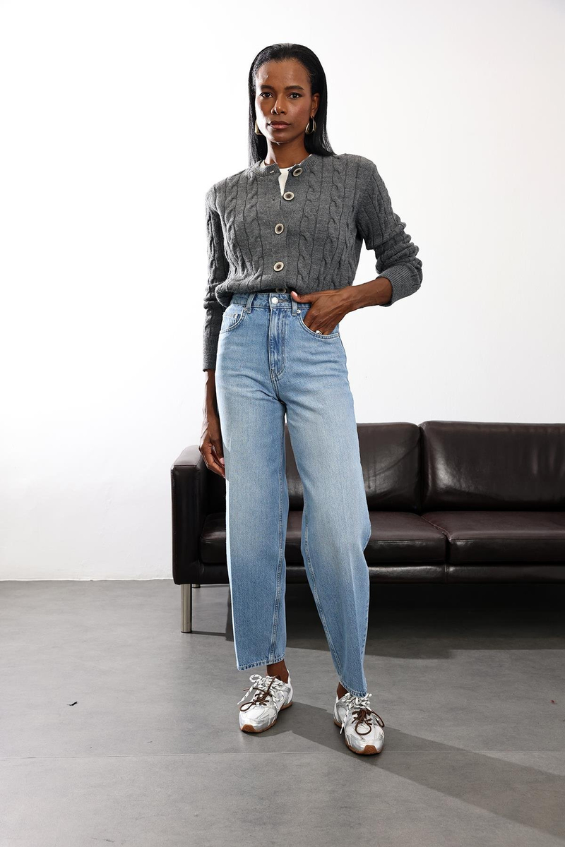 Mavi Yüksek Bel Barrel Jean 