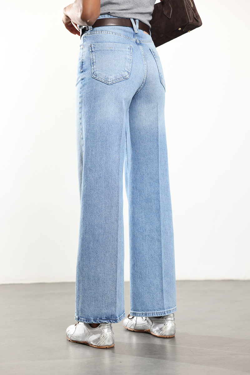 Mavi Yüksek Bel Cebi Dikişsiz Wide Leg Jean 