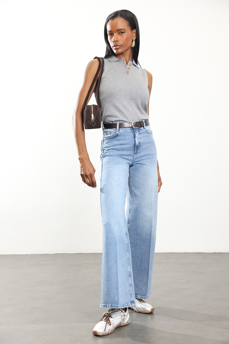 Mavi Yüksek Bel Cebi Dikişsiz Wide Leg Jean 