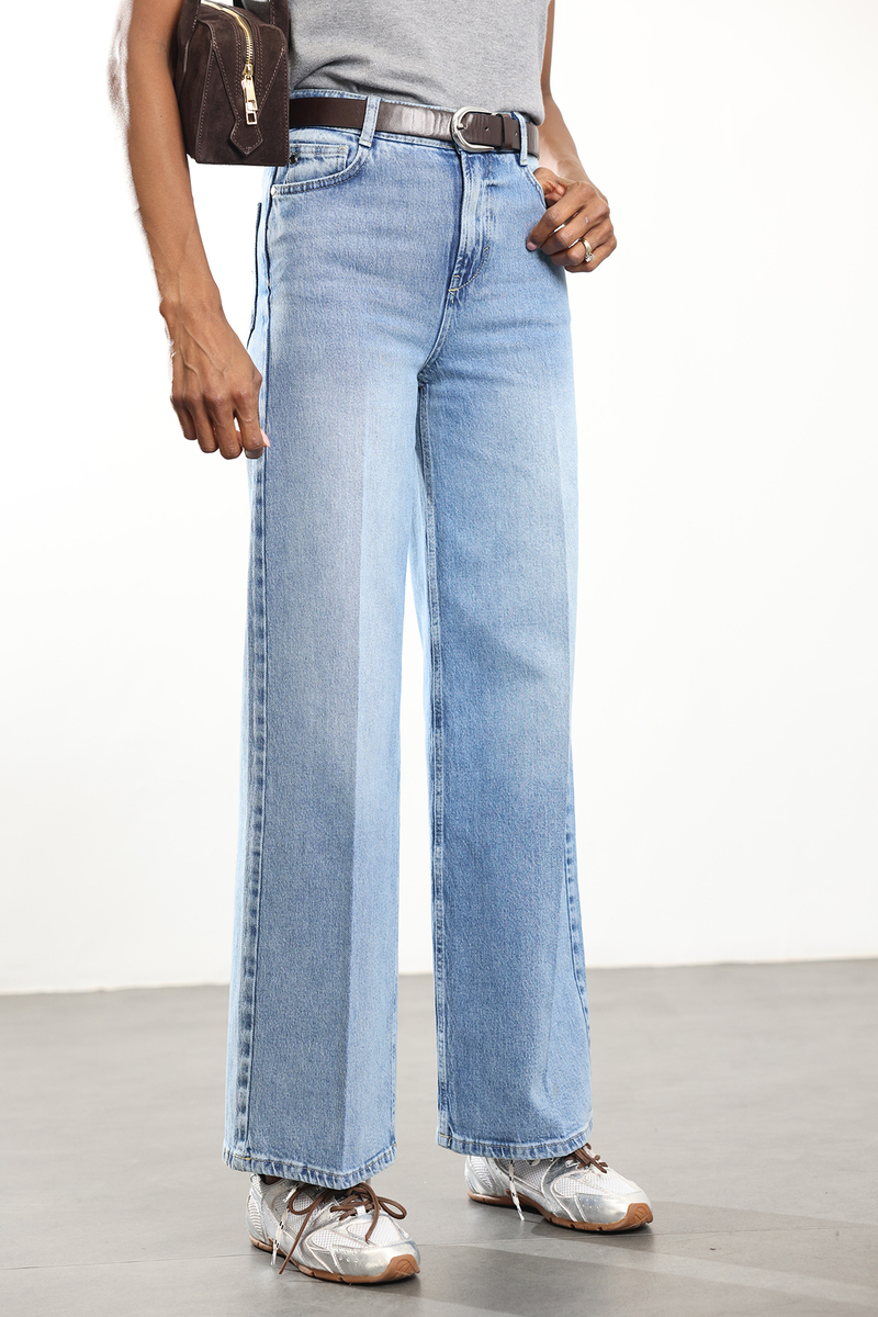 Mavi Yüksek Bel Cebi Dikişsiz Wide Leg Jean 