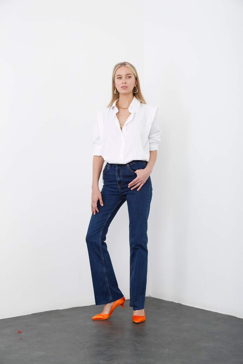 Mavi Yüksek Bel Likralı Flare Jean 132