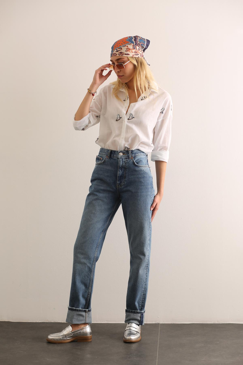 Mavi Yüksek Bel Straight Fit Jean 