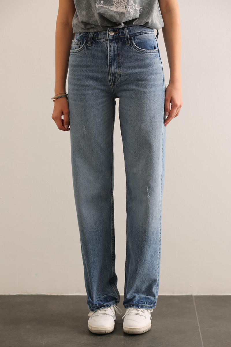 Mavi Yüksek Bel Straight Fit Jean 
