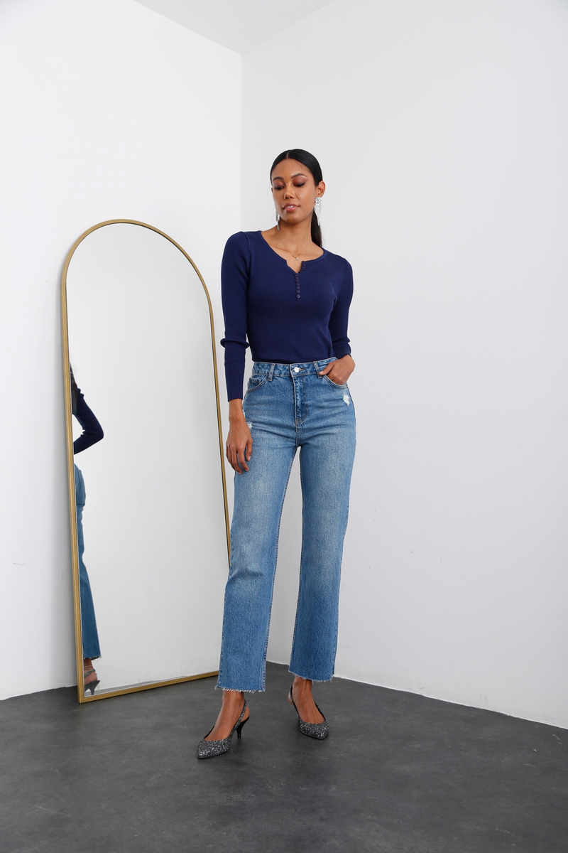 Mavi Yüksek Bel Straight Fit Jean 931