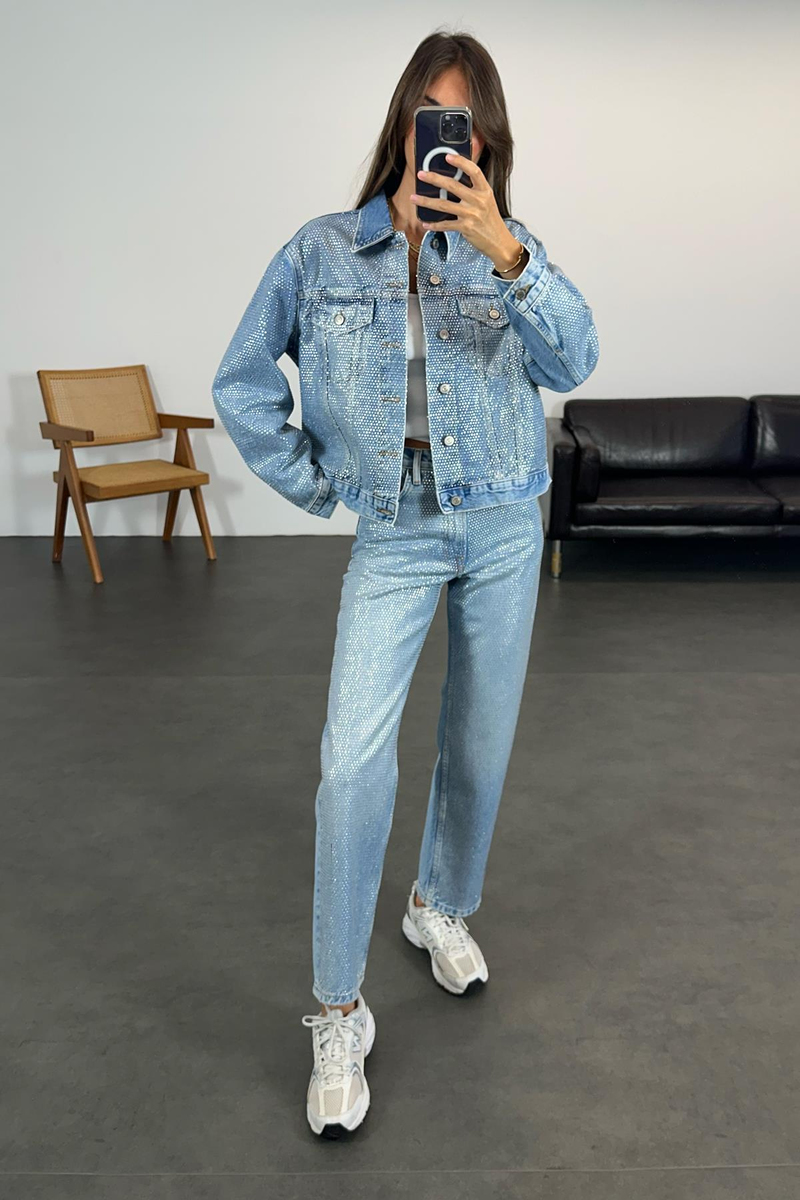 Mavi Yüksek Bel Taşlı Jean 